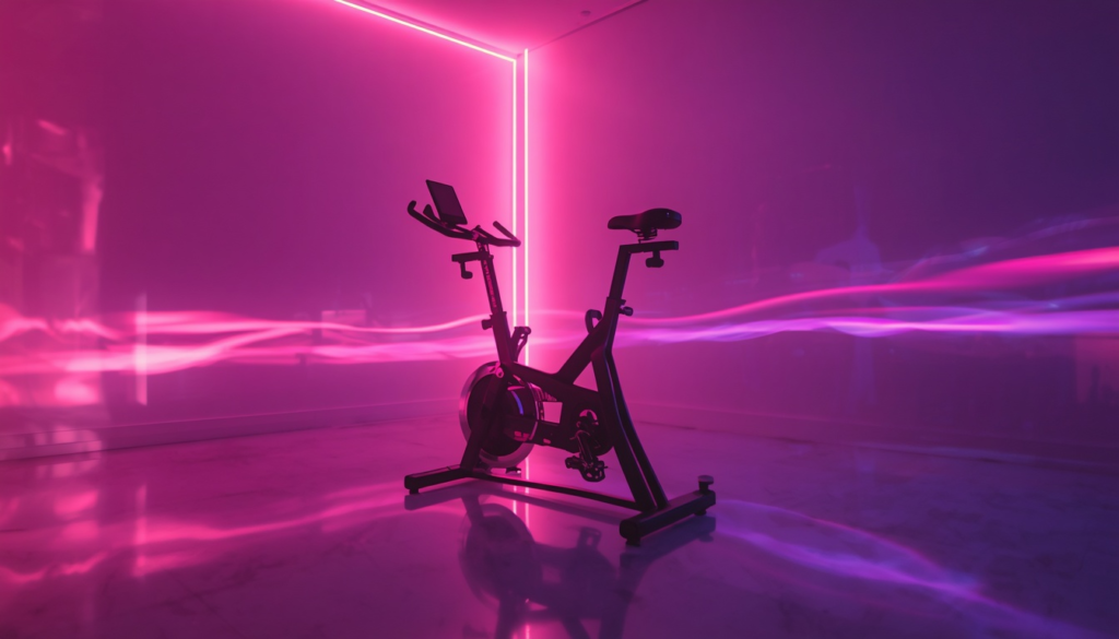 Exercise bicycle in a neon-lit studio illustrating the cycling imagery in Ariana Grande's Side to Side